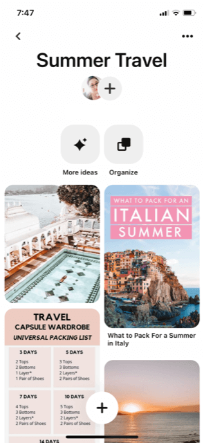 Pinterest summer travel board example
